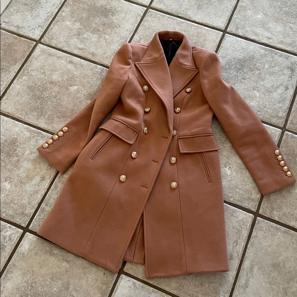 Wool Blend Camel Double-Breasted Pea Coat - Picture 8 of 16